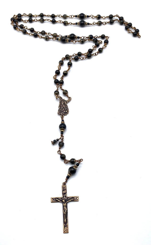 Golden Obsidian Gemstone Wire Wrapped Catholic Heirloom Rosary Medium