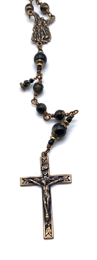 Golden Obsidian Gemstone Wire Wrapped Catholic Heirloom Rosary Medium