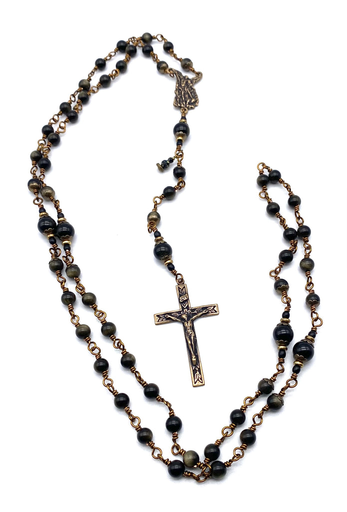 Golden Obsidian Gemstone Wire Wrapped Catholic Heirloom Rosary Medium