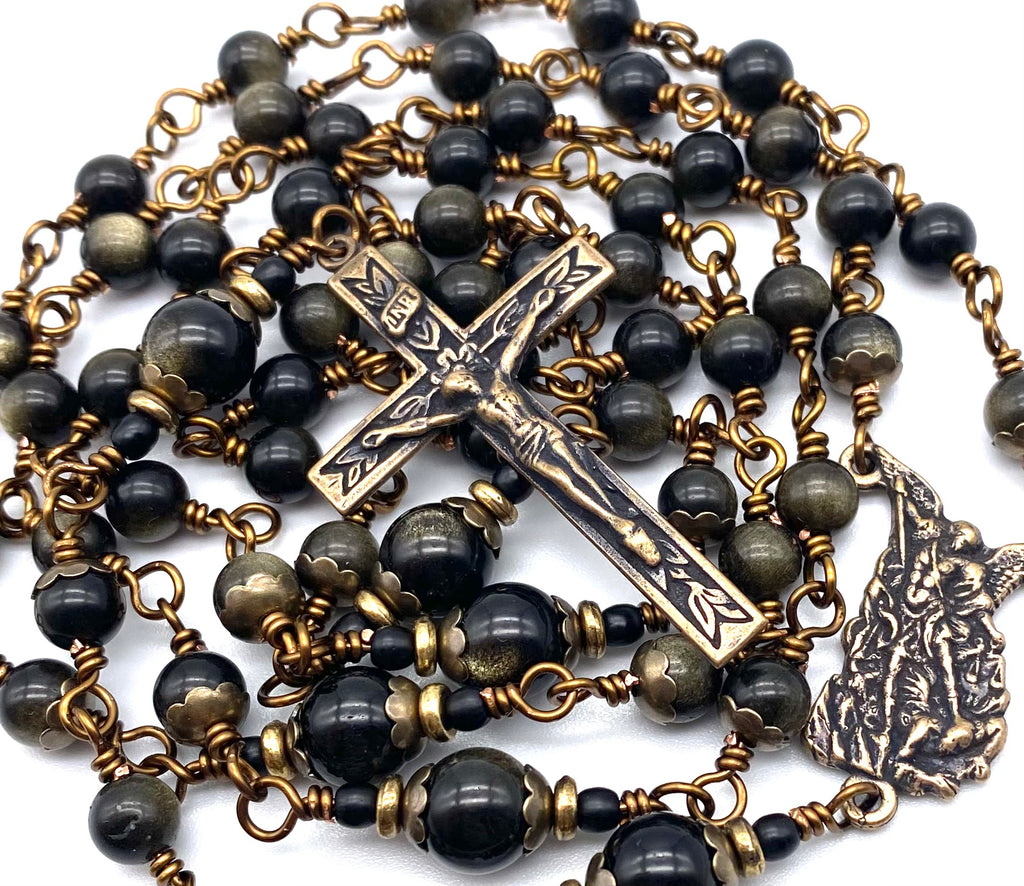 Golden Obsidian Gemstone Wire Wrapped Catholic Heirloom Rosary Medium