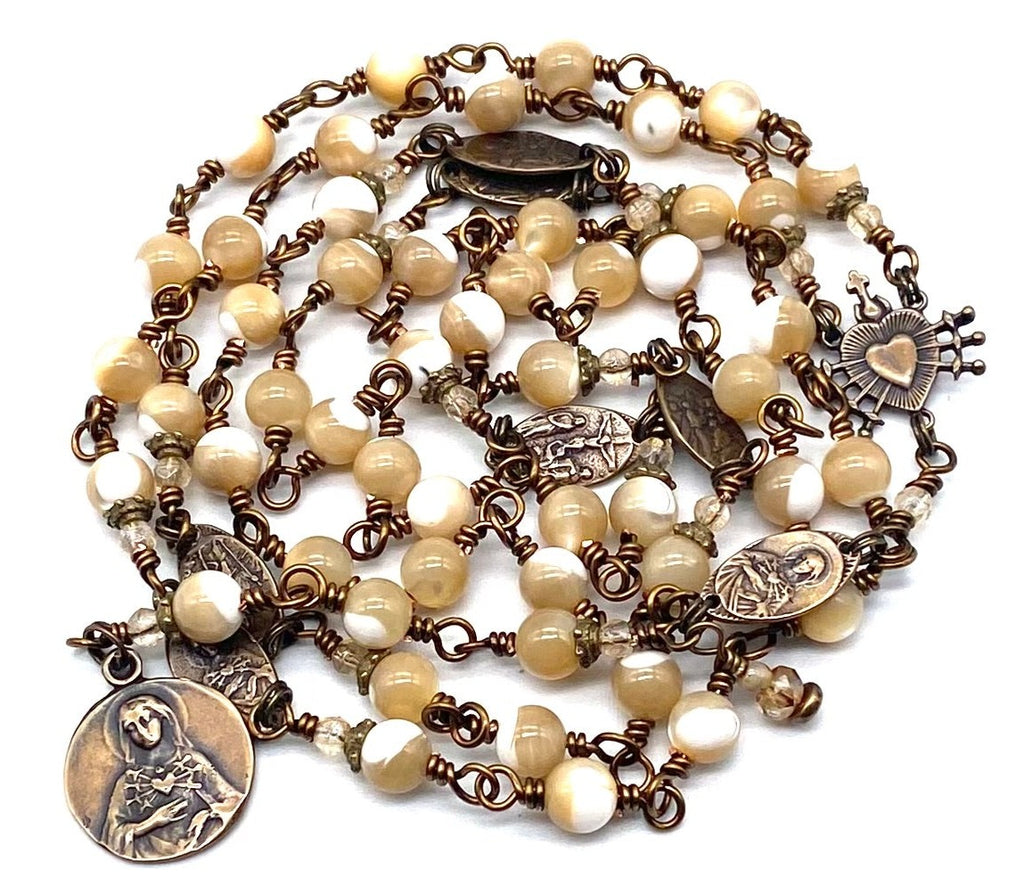 Seven Sorrows Rosary, Golden Mother of Pearl Heirloom Catholic Servite Delores Rosary Wire Wrapped Solid Bronze MEDIUM