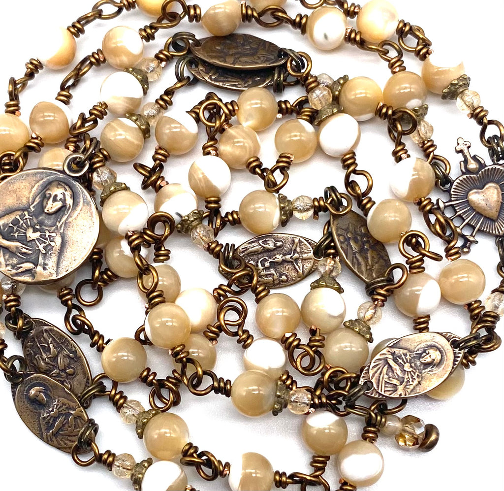 Seven Sorrows Rosary, Golden Mother of Pearl Heirloom Catholic Servite Delores Rosary Wire Wrapped Solid Bronze MEDIUM
