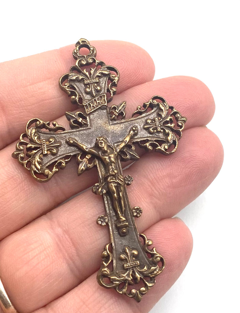 Solid Bronze GRAND BAROQUE Rosary Crucifix Antique Vintage Reproduction #PG4136