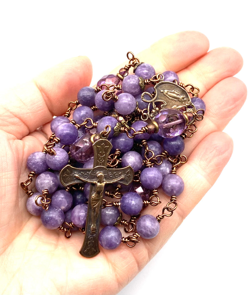 Grape Lepidolite Gemstone Wire Wrapped Catholic Heirloom Rosary LARGE