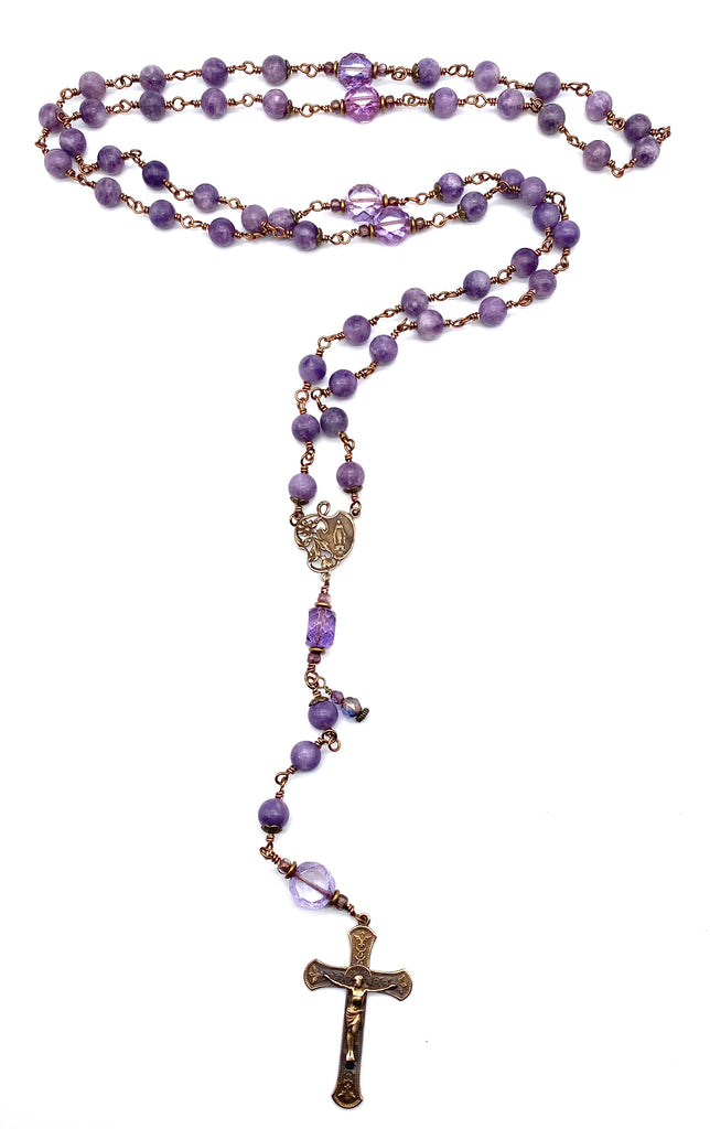 Grape Lepidolite Gemstone Wire Wrapped Catholic Heirloom Rosary LARGE