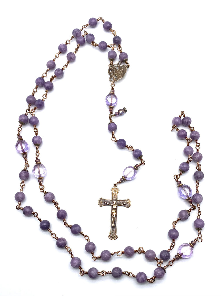 Grape Lepidolite Gemstone Wire Wrapped Catholic Heirloom Rosary LARGE