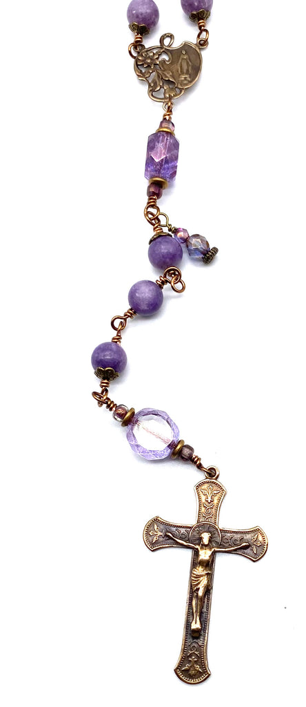 Grape Lepidolite Gemstone Wire Wrapped Catholic Heirloom Rosary LARGE