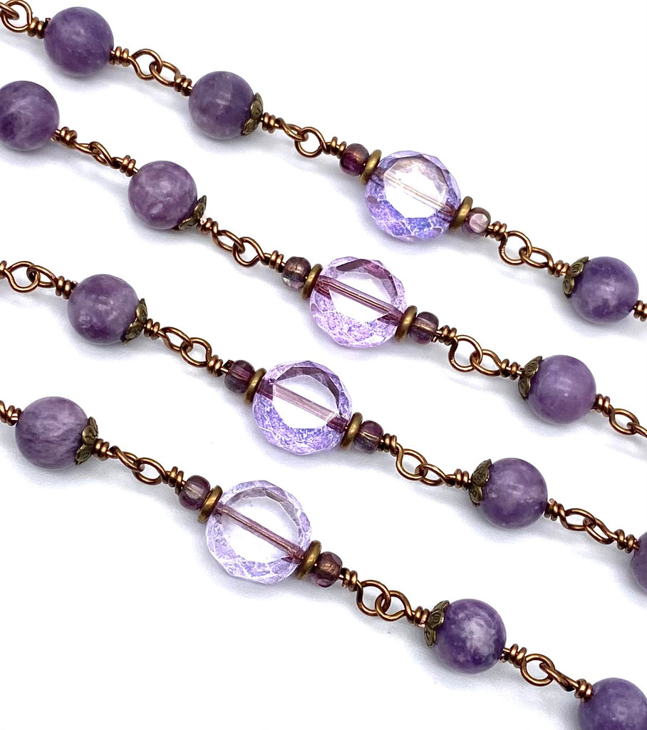 Grape Lepidolite Gemstone Wire Wrapped Catholic Heirloom Rosary LARGE