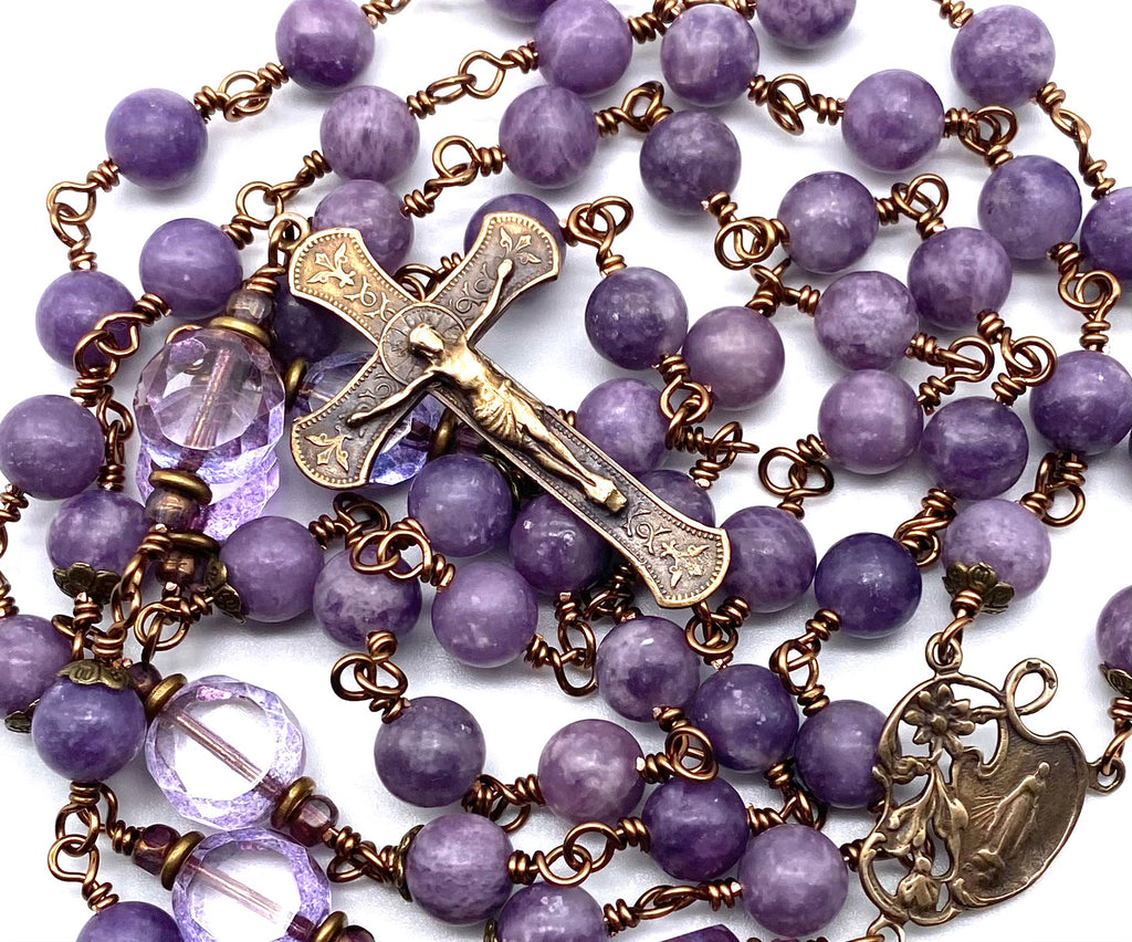 Grape Lepidolite Gemstone Wire Wrapped Catholic Heirloom Rosary LARGE