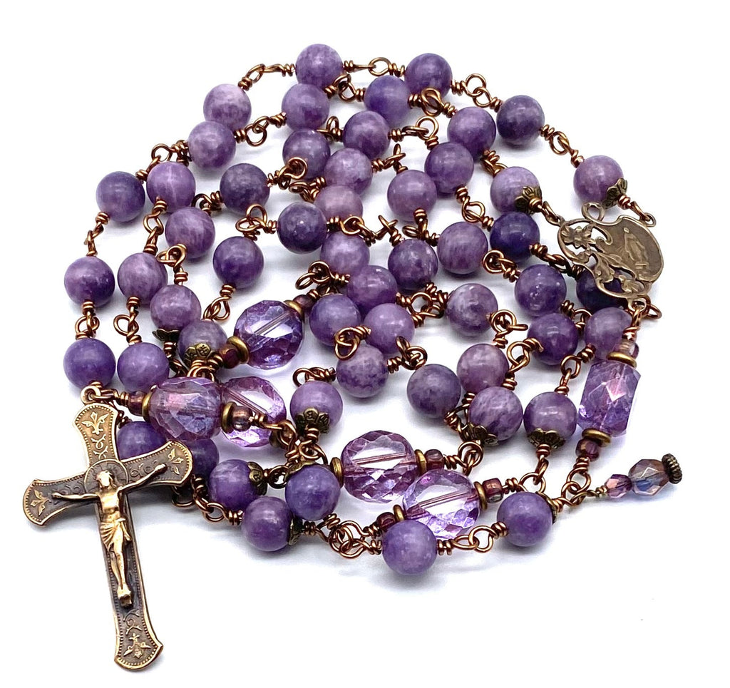 Grape Lepidolite Gemstone Wire Wrapped Catholic Heirloom Rosary LARGE