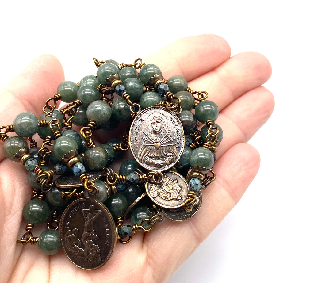 Green Apatite Gemstone Wire Wrapped Catholic Heirloom Rosary of the Seven Sorrows LARGE