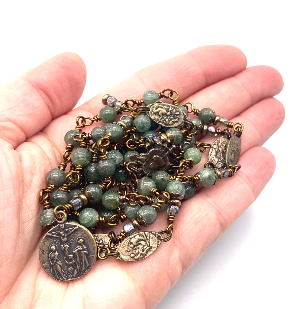 Green Apatite Gemstone Wire Wrapped Catholic Heirloom Rosary of the Seven Sorrows MEDIUM