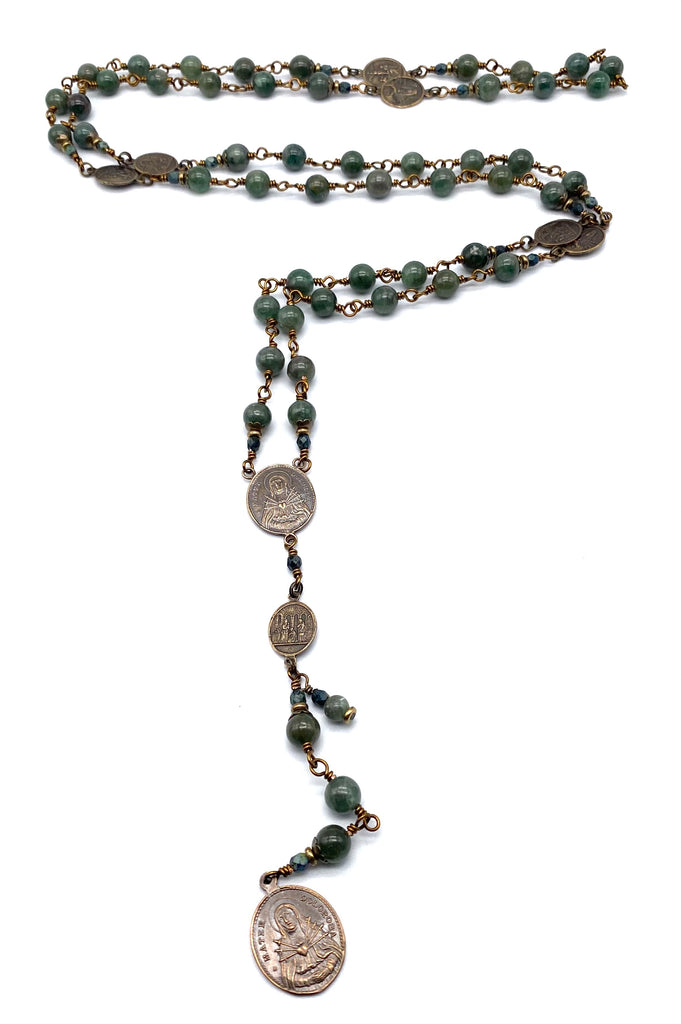 Green Apatite Gemstone Wire Wrapped Catholic Heirloom Rosary of the Seven Sorrows LARGE