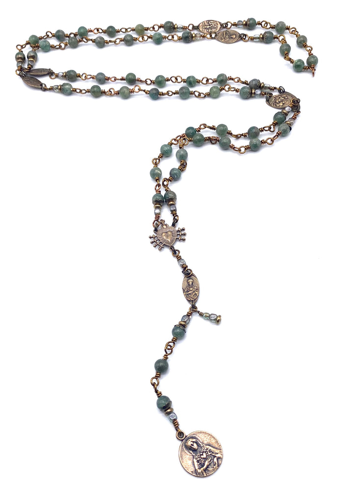Green Apatite Gemstone Wire Wrapped Catholic Heirloom Rosary of the Seven Sorrows MEDIUM