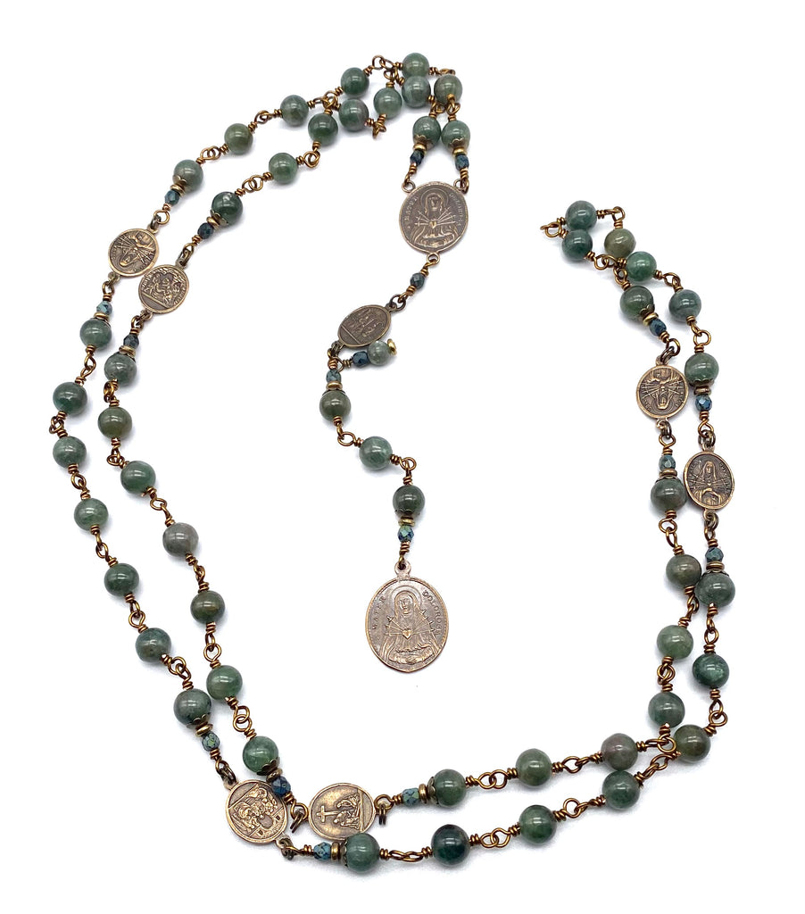 Green Apatite Gemstone Wire Wrapped Catholic Heirloom Rosary of the Seven Sorrows LARGE