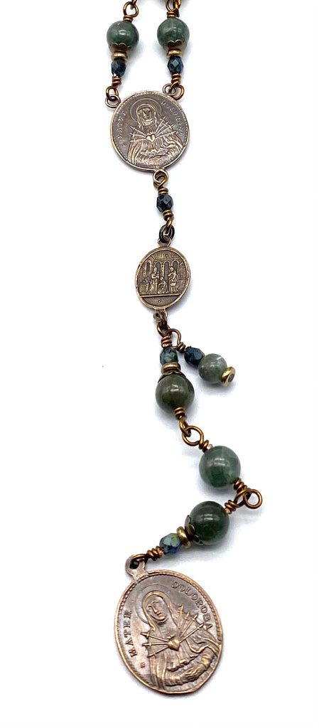 Green Apatite Gemstone Wire Wrapped Catholic Heirloom Rosary of the Seven Sorrows LARGE