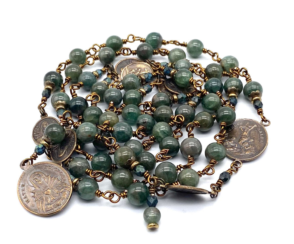Green Apatite Gemstone Wire Wrapped Catholic Heirloom Rosary of the Seven Sorrows LARGE
