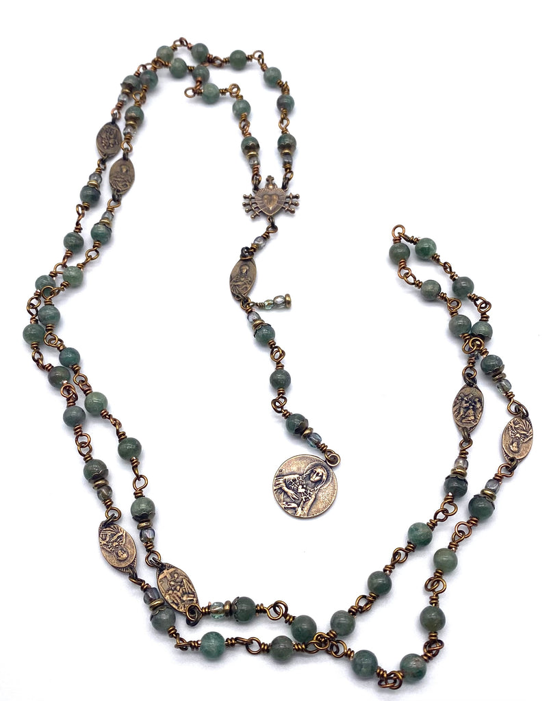 Green Apatite Gemstone Wire Wrapped Catholic Heirloom Rosary of the Seven Sorrows MEDIUM