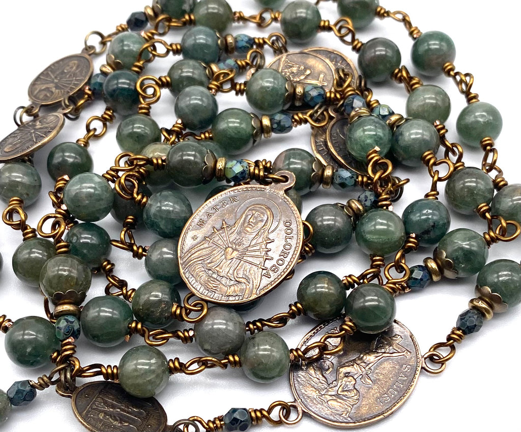 Green Apatite Gemstone Wire Wrapped Catholic Heirloom Rosary of the Seven Sorrows LARGE