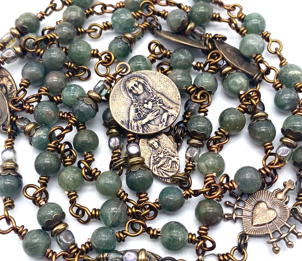 Green Apatite Gemstone Wire Wrapped Catholic Heirloom Rosary of the Seven Sorrows MEDIUM