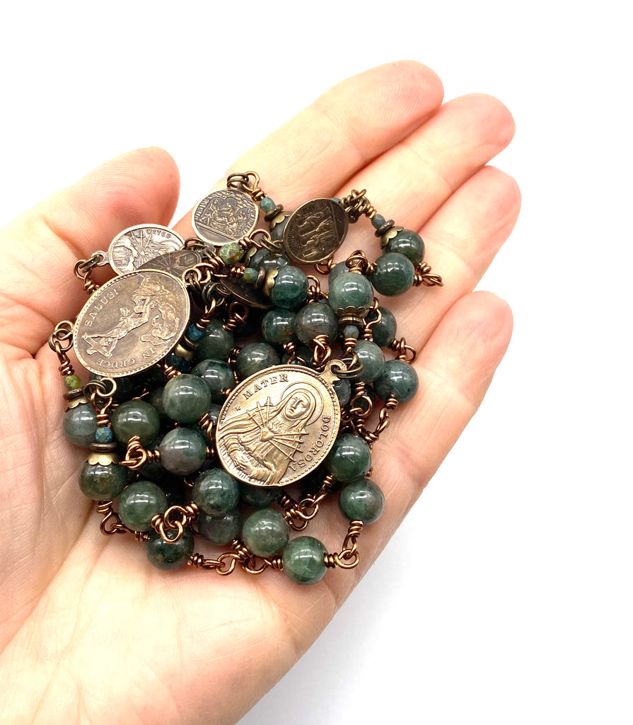 Green Apatite Gemstone Wire Wrapped Catholic Heirloom Rosary of the Seven Sorrows LARGE