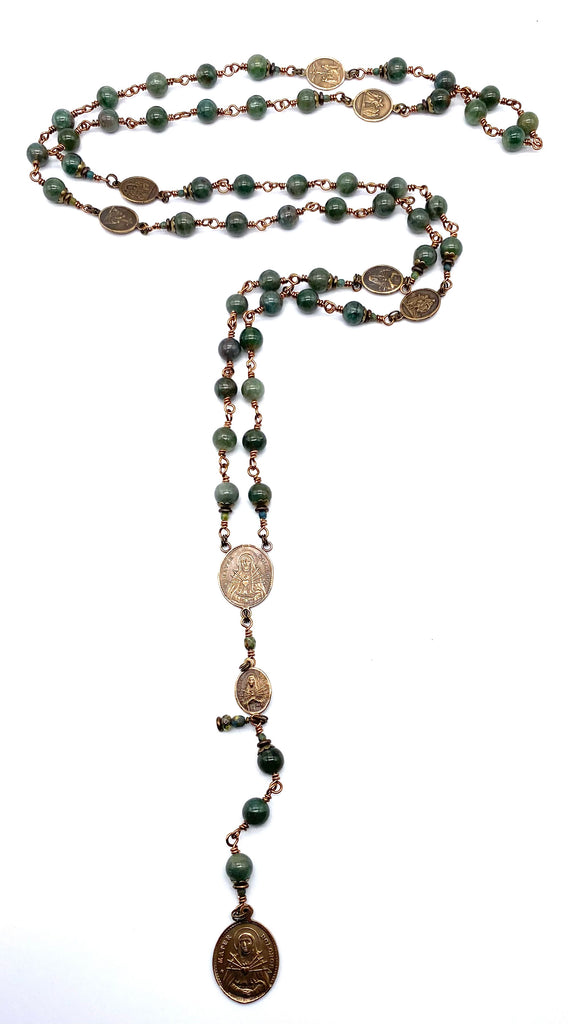Green Apatite Gemstone Wire Wrapped Catholic Heirloom Rosary of the Seven Sorrows LARGE