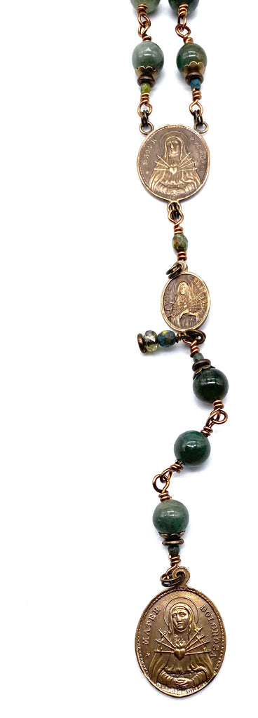 Green Apatite Gemstone Wire Wrapped Catholic Heirloom Rosary of the Seven Sorrows LARGE