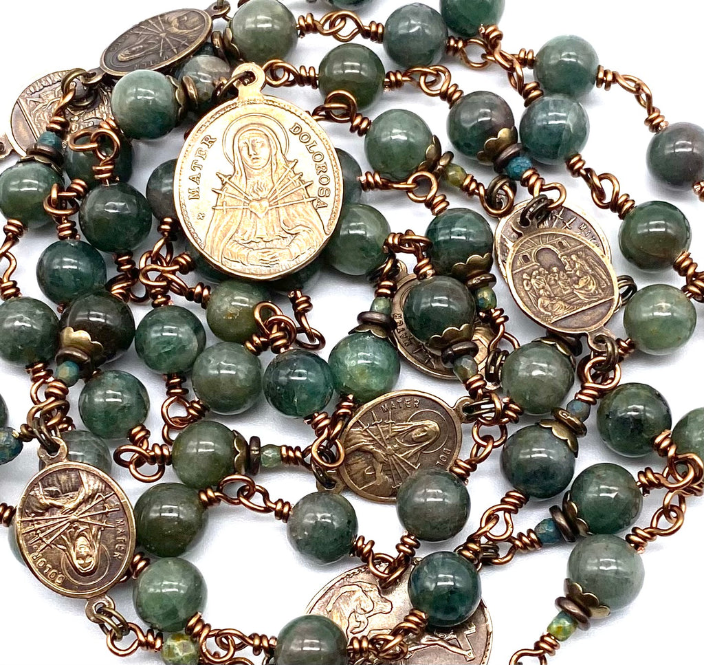 Green Apatite Gemstone Wire Wrapped Catholic Heirloom Rosary of the Seven Sorrows LARGE