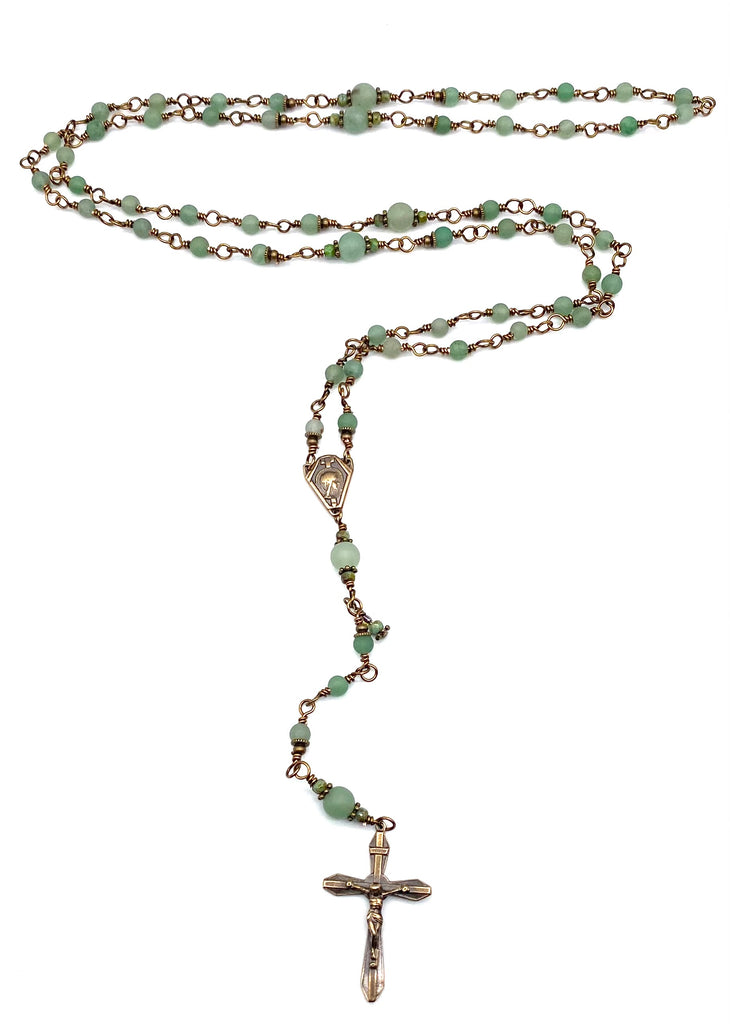 Green Aventurine Matte Gemstone Wire Wrapped Catholic Heirloom Rosary PETITE