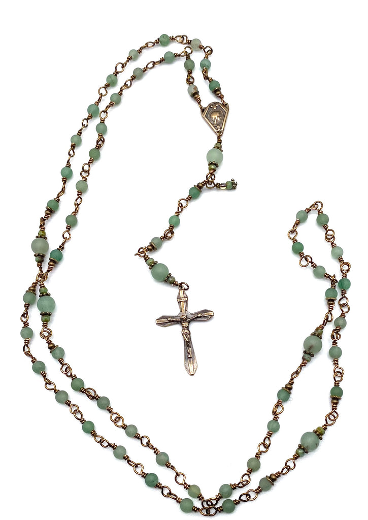 Green Aventurine Matte Gemstone Wire Wrapped Catholic Heirloom Rosary PETITE
