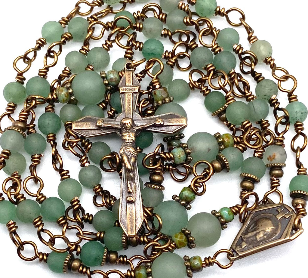 Green Aventurine Matte Gemstone Wire Wrapped Catholic Heirloom Rosary PETITE