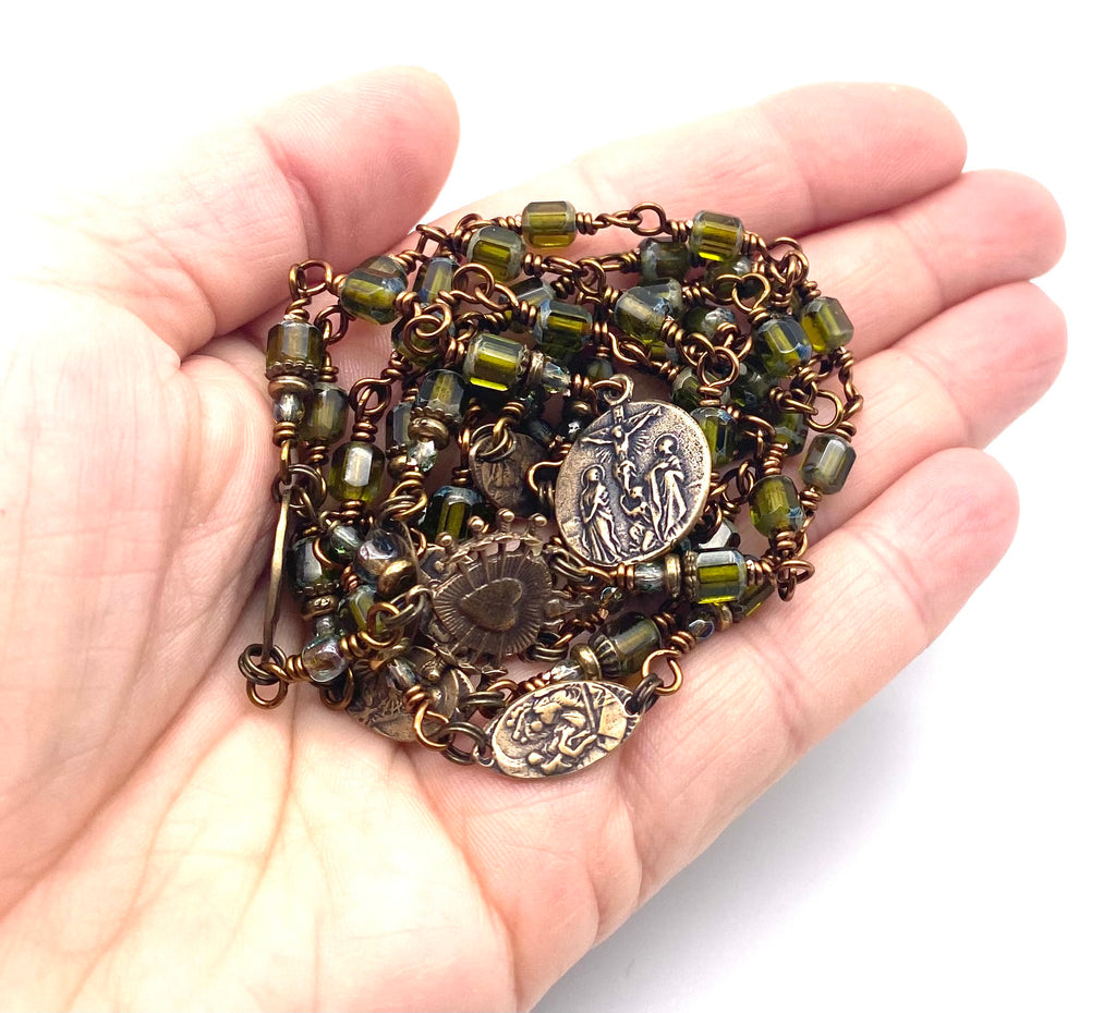 Olivine Green Czech Glass Catholic Heirloom Rosary of the Seven Sorrows MEDIUM