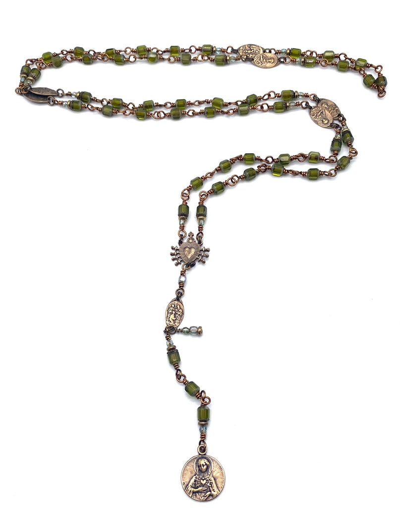 Olivine Green Czech Glass Catholic Heirloom Rosary of the Seven Sorrows MEDIUM