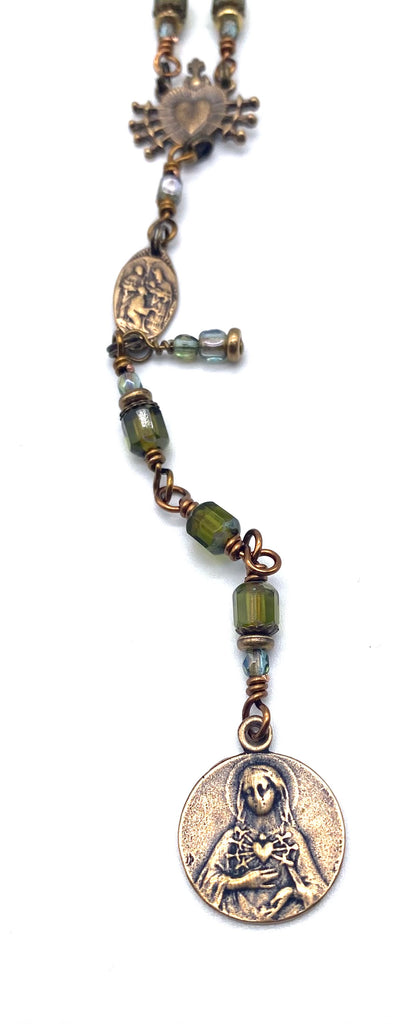 Olivine Green Czech Glass Catholic Heirloom Rosary of the Seven Sorrows MEDIUM