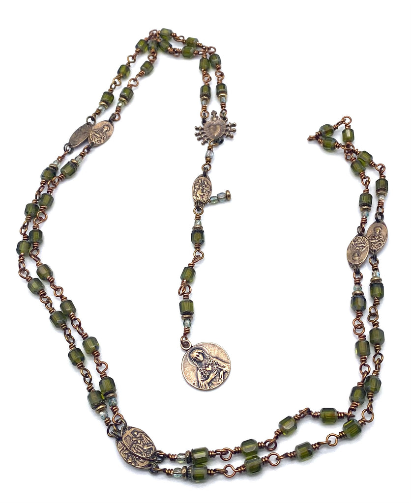 Olivine Green Czech Glass Catholic Heirloom Rosary of the Seven Sorrows MEDIUM