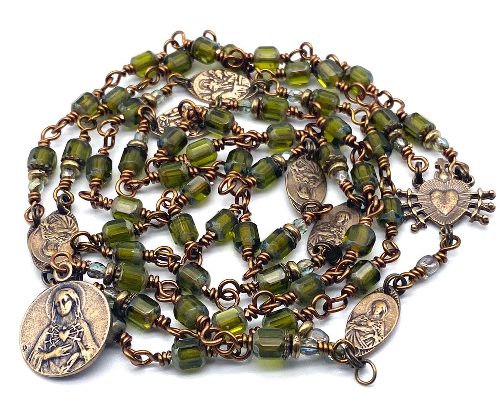 Olivine Green Czech Glass Catholic Heirloom Rosary of the Seven Sorrows MEDIUM