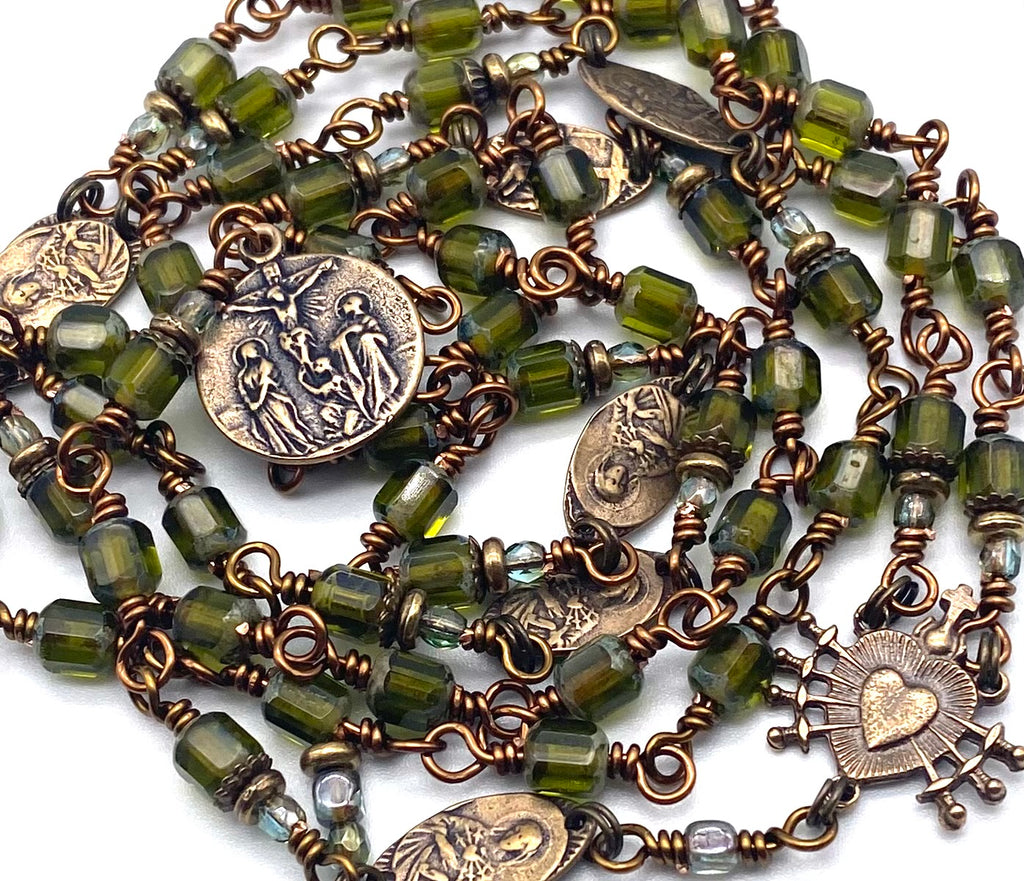 Olivine Green Czech Glass Catholic Heirloom Rosary of the Seven Sorrows MEDIUM