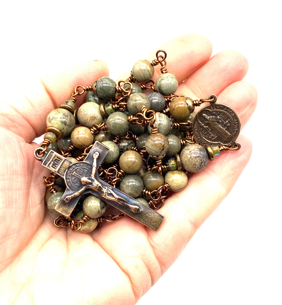 Green Leaf Jasper Gemstone Wire Wrapped Catholic Heirloom Rosary LARGE