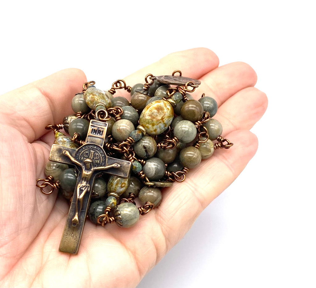 Green Leaf Jasper Gemstone Wire Wrapped Catholic Heirloom Rosary LARGE