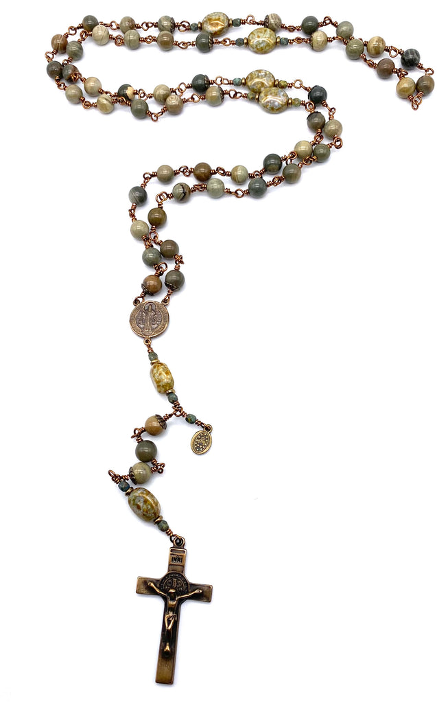 Green Leaf Jasper Gemstone Wire Wrapped Catholic Heirloom Rosary LARGE