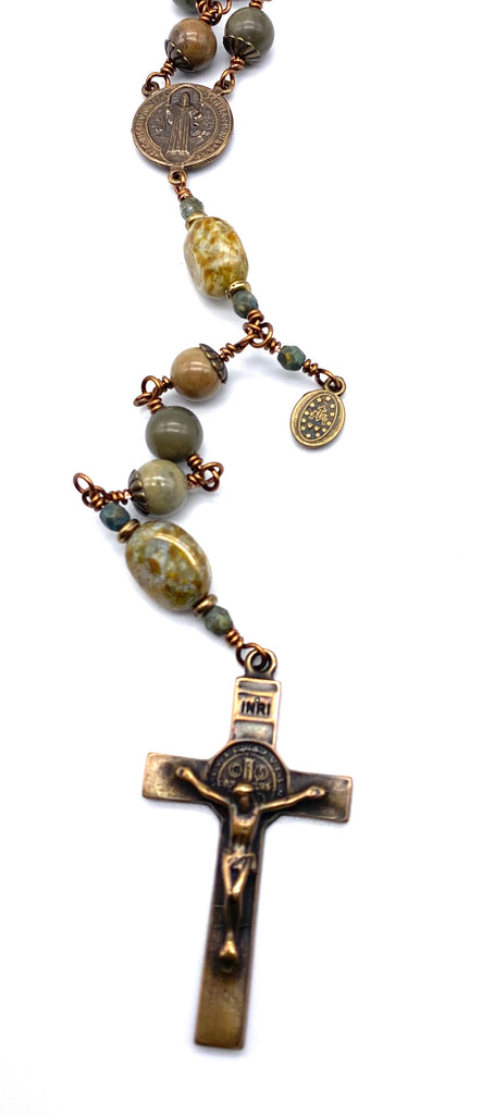 Green Leaf Jasper Gemstone Wire Wrapped Catholic Heirloom Rosary LARGE