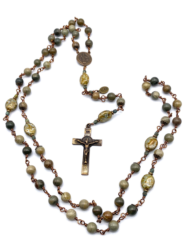 Green Leaf Jasper Gemstone Wire Wrapped Catholic Heirloom Rosary LARGE