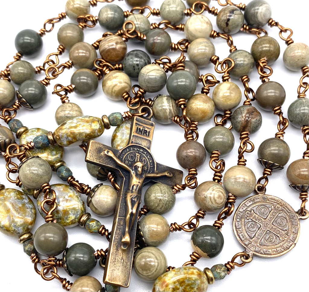 Green Leaf Jasper Gemstone Wire Wrapped Catholic Heirloom Rosary LARGE