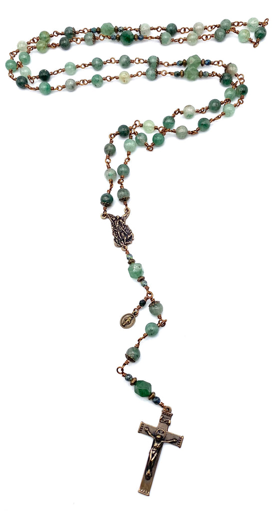 Green Quartz Gemstone Wire Wrapped Catholic Heirloom Rosary LARGE
