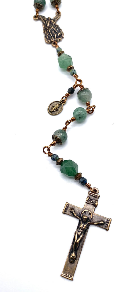 Green Quartz Gemstone Wire Wrapped Catholic Heirloom Rosary LARGE