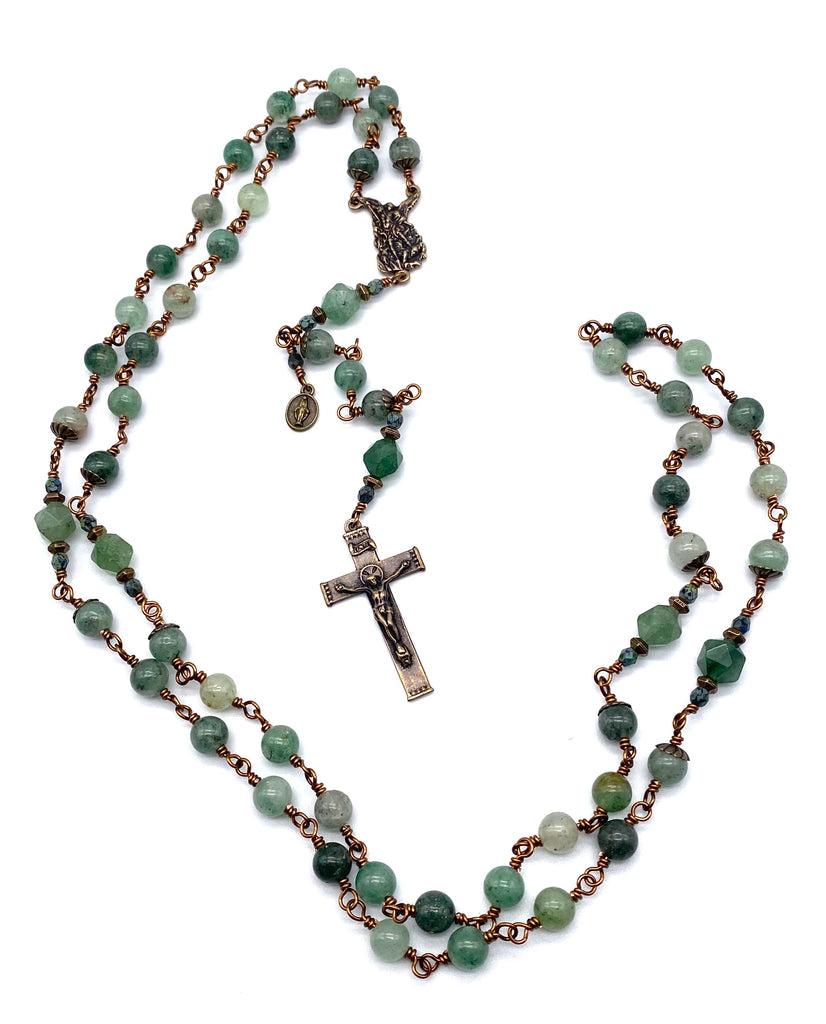 Green Quartz Gemstone Wire Wrapped Catholic Heirloom Rosary LARGE