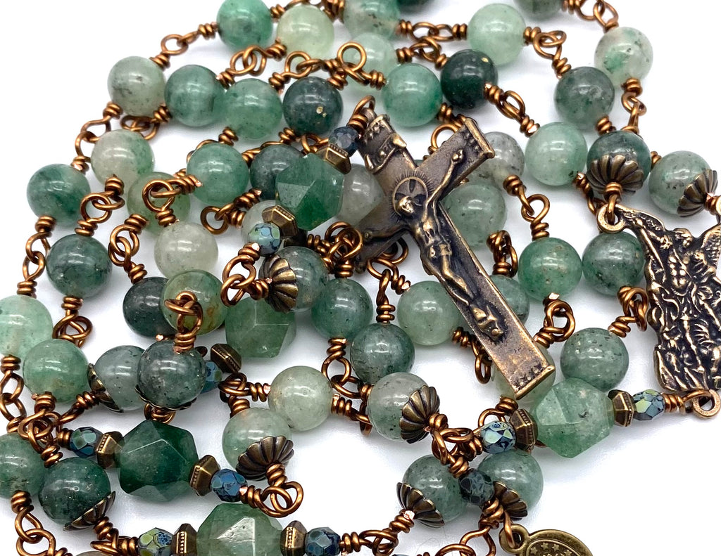 Green Quartz Gemstone Wire Wrapped Catholic Heirloom Rosary LARGE