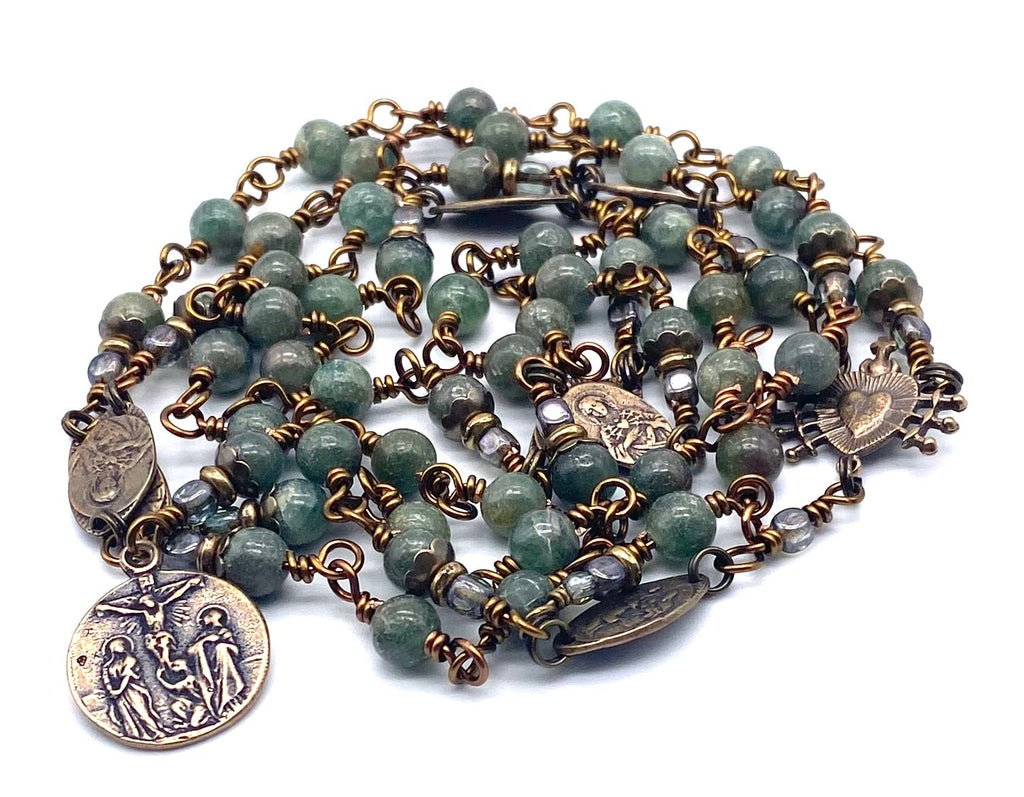 Green Apatite Gemstone Wire Wrapped Catholic Heirloom Rosary of the Seven Sorrows MEDIUM