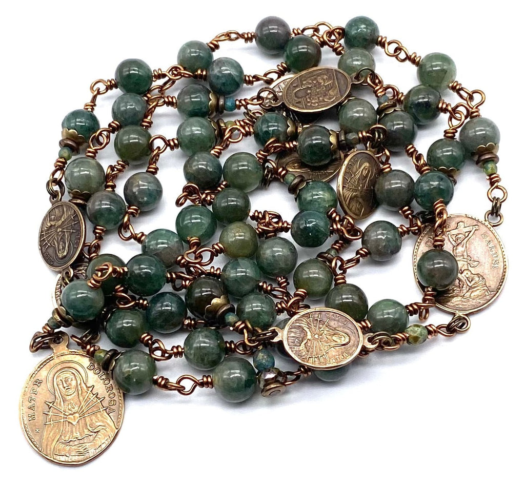 Green Apatite Gemstone Wire Wrapped Catholic Heirloom Rosary of the Seven Sorrows LARGE