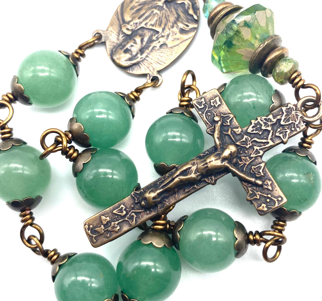 Green Aventurine Gemstone Wire Wrapped BIG BEAD Catholic Heirloom Travel Rosary